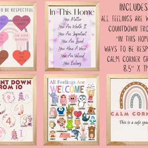 Los estampados relajantes en las esquinas transforman su espacio de aprendizaje con una decoración inspirada en Montessori. Gráficos de emociones y sentimientos para el aula o la habitación de los niños.