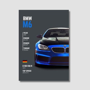 May include: A blue BMW M6 sports car with a black hood and a German flag on the bottom left corner. The car has a black grille with a silver BMW logo. The text on the poster reads: "BMW M6", "Year 2021", "Engine 4.4L V8", "Power 600 HP", "Torque 750 Nm", "0-100 km/h 3.8s", "Top Speed 250 km/h".