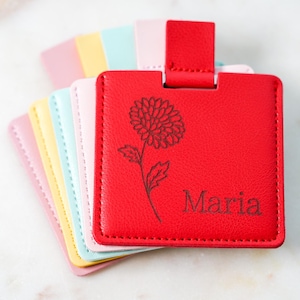 Espejo grabado con flor de nacimiento, regalos para niñas, espejo compacto para bolso, regalos personalizados, regalos para calcetines navideños, regalos únicos para calcetines navideños