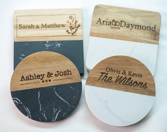 Sottobicchieri personalizzati in marmo e legno, regalo di anniversario, regalo di fidanzamento, regalo personalizzato, sottobicchieri per matrimonio, regali personalizzati per coppie
