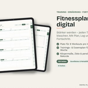 Digital Fitness Planner (German) | Training Plan & Nutrition Planner GoodNotes | Workout Log, Body Measurements | 6 Colors
