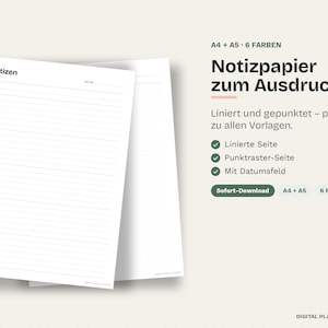 Könnte beinhalten: Zwei weiße Papierbögen mit horizontalen Linien und einem Datumsfeld, beschriftet mit Notizen. Der Text lautet Notizpapier zum Ausdrucken, Liniert und gepunktet, Linierte Seite, Punktraster-Seite, Mit Datumsfeld, Sofort-Download, A4 + A5, 6 Farben und Digital Planner Studios.
