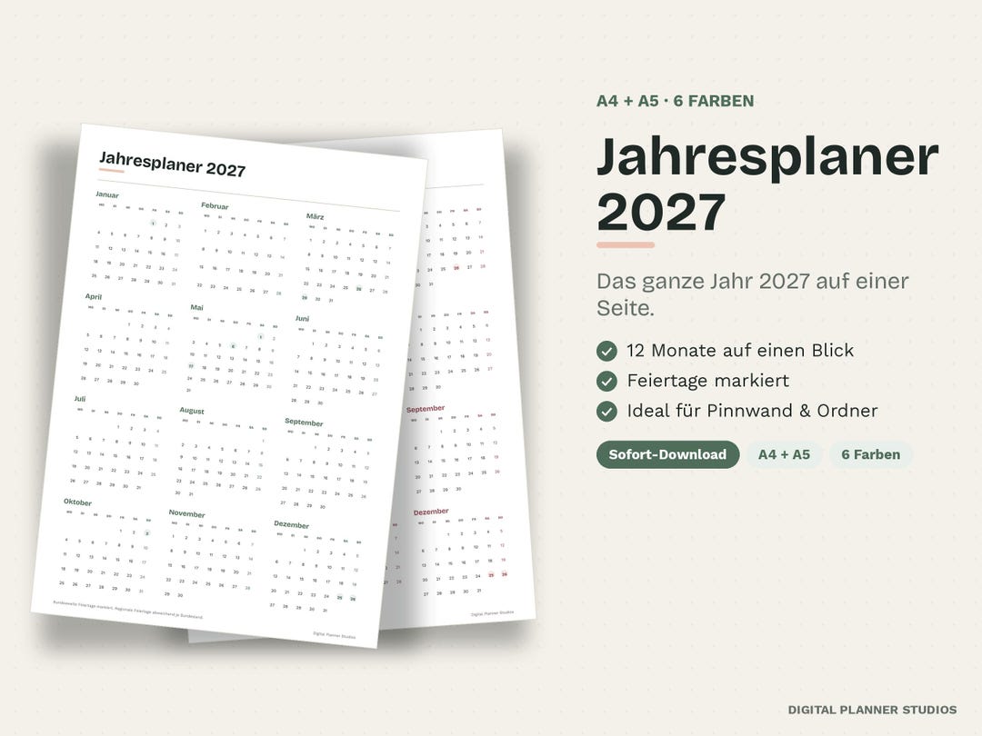 Jahresplaner 2027 zum Ausdrucken | Jahresübersicht Kalender 2027 PDF