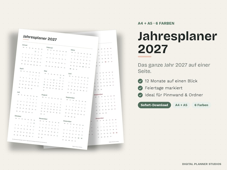 Jahresplaner 2027 zum Ausdrucken | Jahresübersicht Kalender 2027 PDF