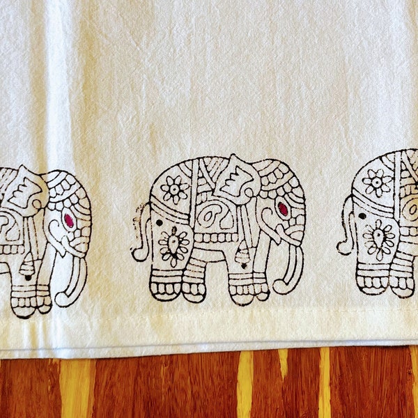 Elephant print, flour sack tea towel, eco-friendly kitchen towel, 100% cotton, block print towel, housewarming gift, hand printed,dish towel