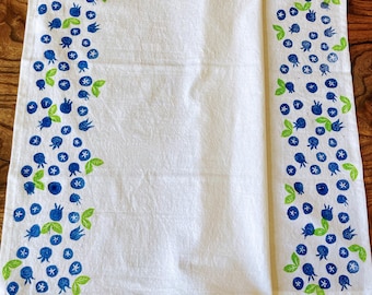 Blueberry Print Flour Sack Tea Towel, Hand Printed Cotton Dish Towel