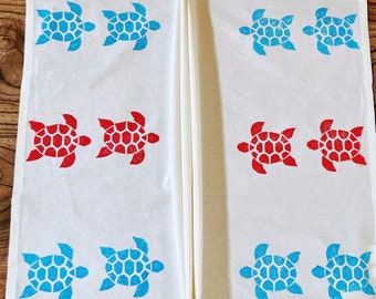 Turtle print, flour sack tea towel, eco-friendly kitchen towel, 100% cotton, block print towel, housewarming gift, hand printed, dish towel.