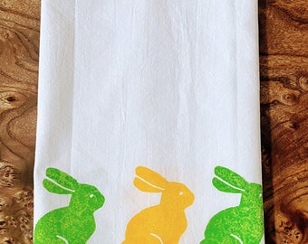 Easter bunny print, flour sack tea towel, eco-friendly kitchen towel, 100% cotton, block print towel, housewarming gift,kitcehn dish towel