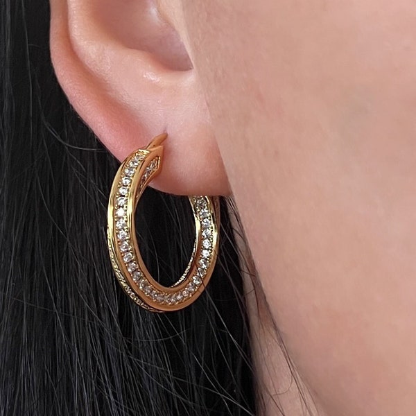 Geometry-Inspired Paved Diamond Hoop Earrings - Stylish Minimalist Earrings -Christmas Gift Idea-Gifts for Her