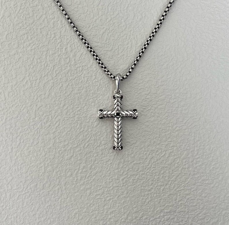 Men's Silver Cross Pendant Necklace With Black Spinel Solid Sterling Silver Cross Pendant on a