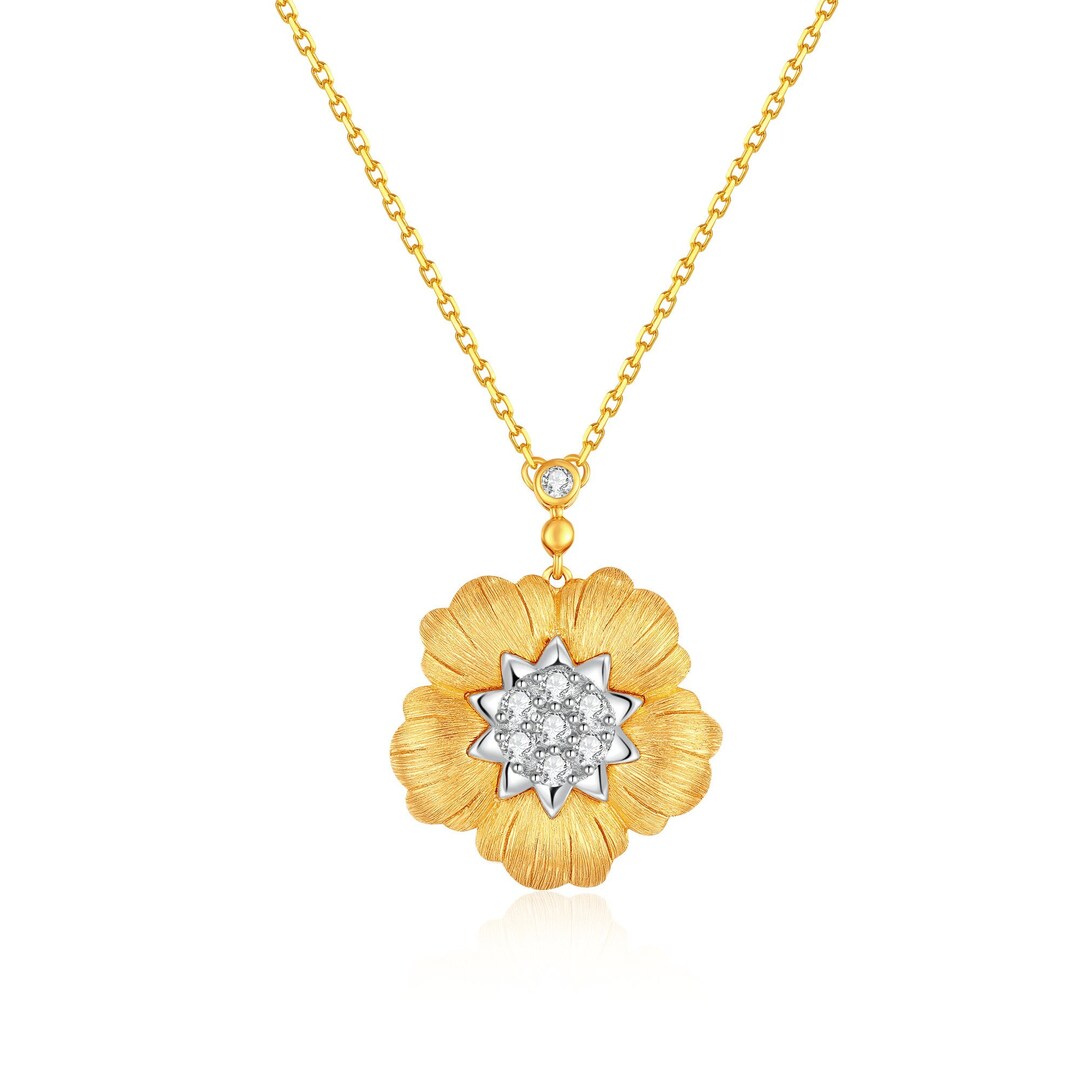 Blossom Necklace Silky Texture, Two Tone Gold Flower Necklace, Silver ...