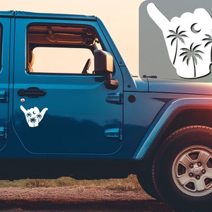 Hang Loose Vinyl Outdoor Sticker with Palm Trees, Tropical Shakas Vinyl Sticker, Hang Loose Beach Design with Palm Trees, Sun and Moon
