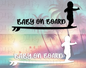 May include: Two black and white images of a baby on a surfboard with the text "BABY ON BOARD" above the surfboard. The images are set against a colorful background of palm trees and a sunset.