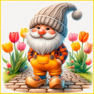 Pode incluir: Um gnomo caprichoso com barba branca e um chapéu de malha cinzento, vestindo macacão e sapatos de madeira, está em um caminho de pedra cercado por tulipas coloridas.