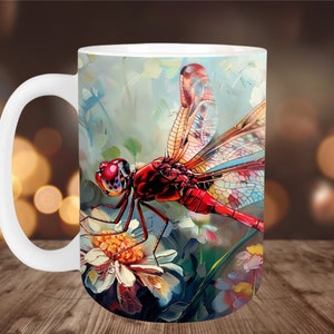 3D Dragonfly with Flowers Mug Wrap Sublimation Design, 11oz and 15oz Mug PNG, Floral Dragonfly Mug Wrap Printable, Instant Digital Download