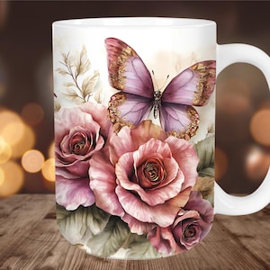 Envoltura para taza con rosas y mariposas, elegante diseño de sublimación de taza con flores, plantilla PNG para taza de café de 11 oz y 15 oz, prensa de sublimación para taza con flores