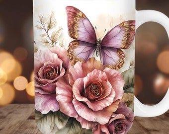 Rosen und Schmetterlingsbecher Wrap, elegantes Blumenbecher-Sublimationsdesign, 11 Unzen und 15 Unzen Kaffeetasse PNG-Vorlage, Florals Mug Press Sublimation