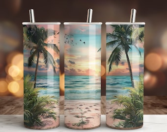 Beach Tumbler Wrap, Palm Tree Tumbler Wrap, 3D Sublimation Design,20 oz Skinny Tumbler, Straight & Tapered, Instant Digital Download