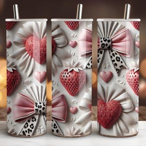 Pink Bow Tumbler Wrap PNG,  20oz Skinny Tumbler Sublimation Design, Coquette Bow Strawberry heart Tumbler Design, Instant Digital Download