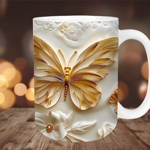 3D Gold Butterfly Flowers Mug Wrap, White Florals Mug Wrap, Sublimation Design, 11oz and 15oz , Mug Wrap Template Instant Digital Download