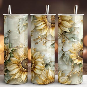 Sunflower Tumbler Wrap PNG, 20oz Skinny Tumbler Wrap, Gold Floral Sublimation Design, Instant Download image 1