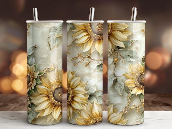 Sunflower Tumbler Wrap PNG, 20oz Skinny Tumbler Wrap, Gold Floral Sublimation Design, Instant Download