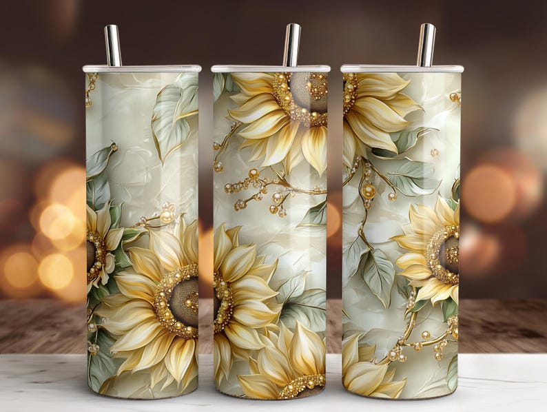 Sunflower Tumbler Wrap PNG, 20oz Skinny Tumbler Wrap, Gold Floral Sublimation Design, Instant Download image 1