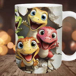 3D Dinosaur Mug Wrap PNG, Hole in a Wall Mug Sublimation Design, Digital T-Rex Mug Art for Sublimation, Cute Dino Gift Idea for Mug Press
