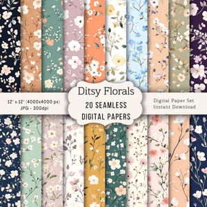 Peut inclure: Ensemble de 20 papiers numériques sans couture avec des motifs floraux. Chaque papier présente un design différent avec des fleurs de différentes couleurs, dont le blanc, le rose, le bleu et le jaune. Les papiers mesurent 30.48 cm x 30.48 cm et sont téléchargeables instantanément.