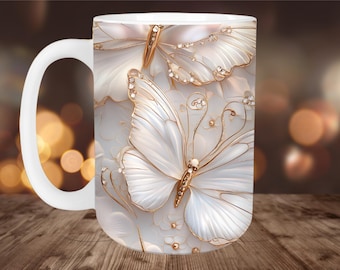Luxuriöse weiße Schmetterling Mug Wrap PNG, Sublimationsbecher Wrap Digitaler Download, 11 Unze und 15 Unze, Schmetterling Thema Mug Wrap Clipart zum Basteln