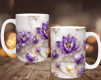 3D lila Lotusblumen Becherverpackung, 3D Sublimationsdesign, 11 Unzen und 15 Unzen Kaffeetasse PNG Vorlage, lila Blumenbecher Press Sublimation