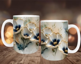 Floral Coffee Mug Wrap PNG: Blue White Poppies Sublimation Design (Digital Download)