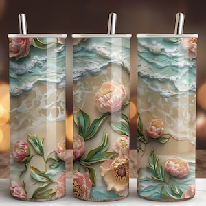 Peonies Flowers Beach Tumbler Wrap, Florals Tumbler, Sublimation Design,20 oz Skinny Tumbler, Straight & Tapered, Instant Digital Download