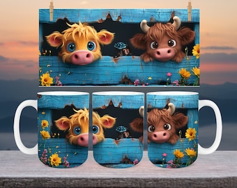3D Highland Kuh Loch in einem Holzzaun Becher Wrap, Sublimationsdesign, 11 Unzen und 15 Unzen Kaffeetasse PNG Vorlage, 3D Kuhbecher Press Design