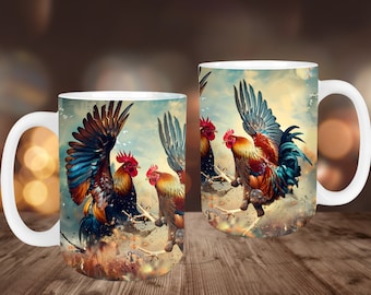 Bunte Hühner Hahn Becherverpackung, 11 Unzen und 15 Unzen Bechervorlage, Becher Sublimationsdesign, Becherverpackung Vorlage, sofortiger digitaler Download PNG