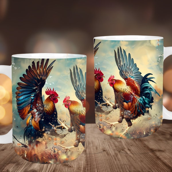 Envoltura de taza de gallo de pollos coloridos, plantilla de taza de 11 oz y 15 oz, diseño de sublimación de taza, plantilla de envoltura de taza, descarga digital instantánea PNG