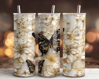 Envoltura para vaso con diseño floral de mariposa negra: Diseño de vaso delgado de 20 oz (descarga digital)
