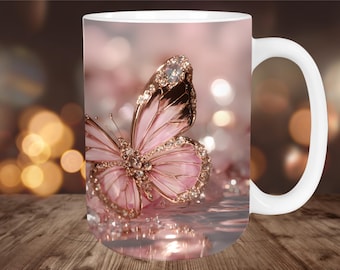 Crystal Butterfly Mug Wrap PNG: Pink Gold Glitter Sublimation Coffee Cup Design (Digital Download)