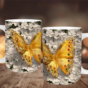 Luxury Butterfly Gemstone Mug Wrap PNG Design for 11oz and 15oz Cups, Elegant White Flower Coffee Cup Sublimation Print, Digital Download