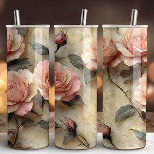 Roses Tumbler Wrap PNG, 20 oz Skinny Tumbler Sublimation Design, Pink Floral Tumbler, Straight & Tapered Tumbler Wrap, Instant Download