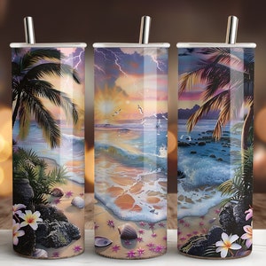 May include: Three stainless steel insulated tumblers with a tropical beach scene. The design features palm trees, crashing waves, seashells, and a sunset with lightning. The tumblers have a silver straw and a white lid.