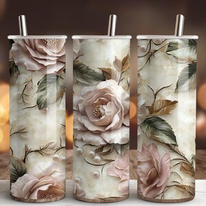 Rose Flowers Tumbler Wrap PNG , 20 oz Skinny Tumbler Sublimation Design, Shabby Chic Floral Tumbler Instant Digital Download for Crafts