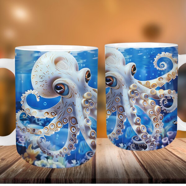 Squid Inside Fish Tank Mug Wrap, 3D Sublimation Design, 11oz and 15oz Coffee Cup PNG Template, 3D Cute Squid Aquarium Mug Press Design