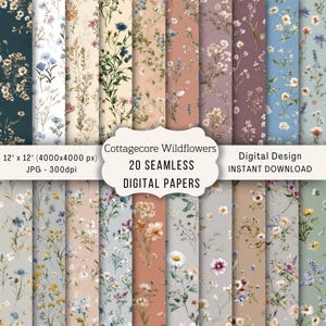Könnte beinhalten: Eine Sammlung von 20 nahtlosen digitalen Papieren mit verschiedenen Wildblumenmustern in diversen Farbpaletten, darunter Blau, Rosa, Beige und Grün. Der Text lautet: Cottagecore Wildflowers, 20 SEAMLESS DIGITAL PAPERS, 12" x 12" (4000x4000 px), JPG - 300dpi, Digital Design, INSTANT DOWNLOAD.
