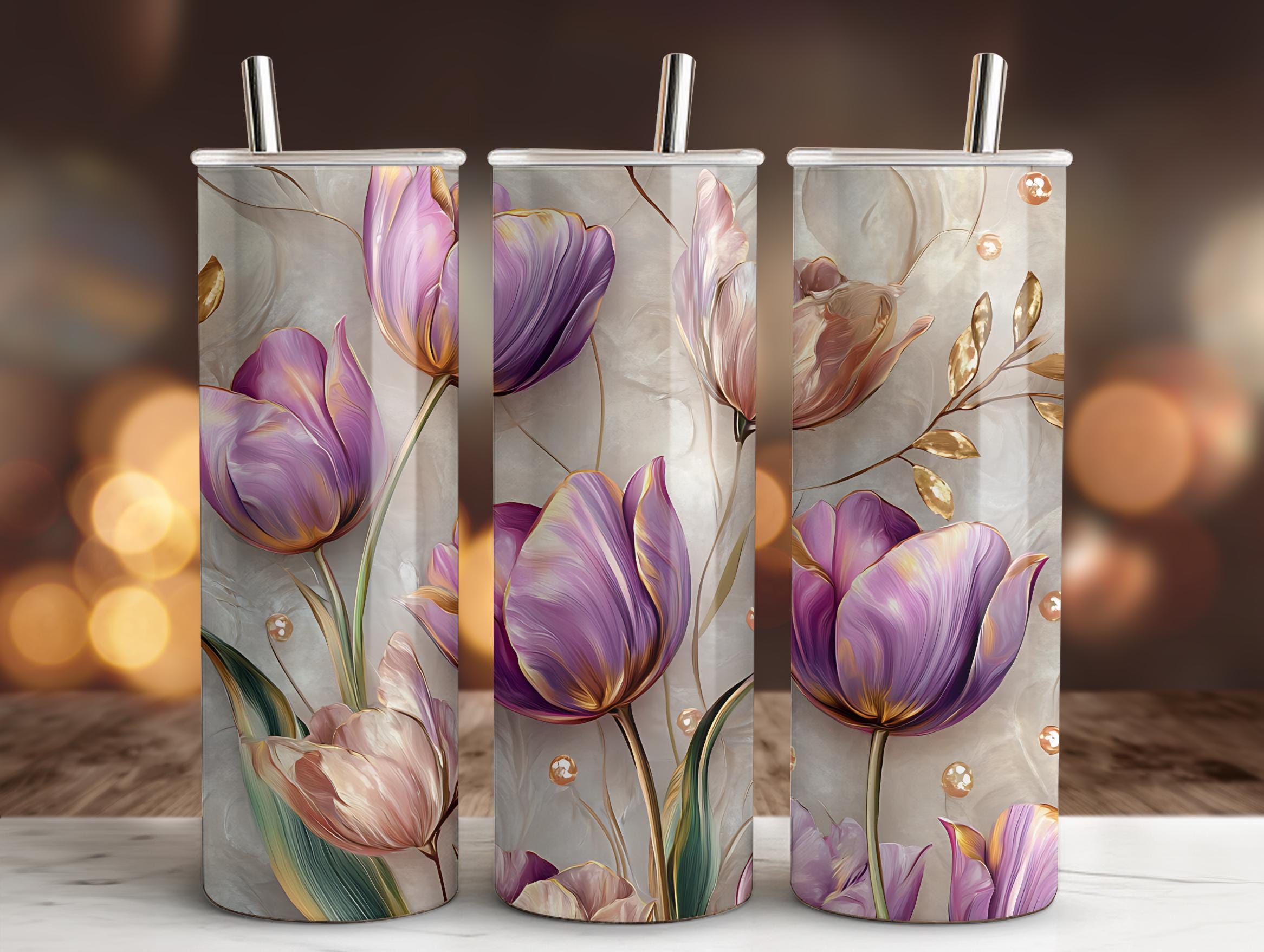 Emballage de gobelet élégant tulipes violettes PNG, design floral en sublimation de gobelet, gobelet skinny 20 oz, droit et conique, téléchargement numérique instantané