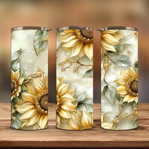 Sunflower Tumbler Wrap PNG, 20oz Skinny Tumbler Wrap, Gold Floral Sublimation Design, Instant Download image 2