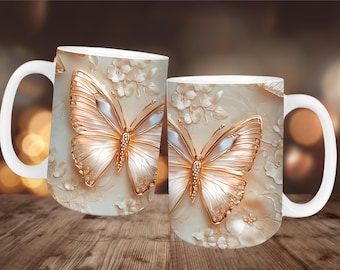 Elegant Pink Gold Butterfly Mug Wrap PNG, Sublimation Mug Wrap Digital Download,11oz and 15oz, Butterfly Theme Mug Wrap Clipart for Crafting