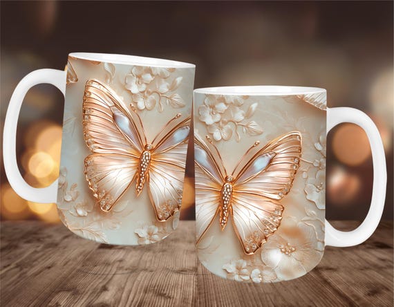 Butterfly Mug Wrap: Elegant Pink Gold Design (Digital Download)