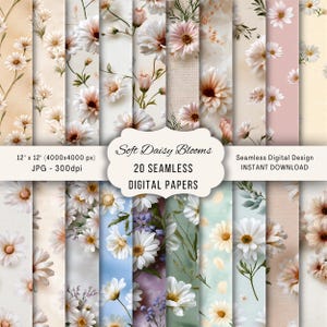 May include: A collection of 20 seamless digital papers featuring daisy blooms in various colors and designs. The papers are 12" x 12" and are available for instant download. The image includes text that reads "Soft Daisy Blooms" and "Seamless Digital Design".