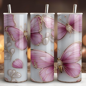 Pink Butterflies Tumbler Wrap PNG for 20oz Skinny Tumblers, Elegant Butterfly Gem Tumbler Design, Instant Digital Download